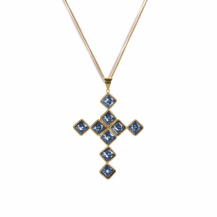 Brigid Cross of Kildare Charm Necklace Water Lt Sapphire - Gold for wholesale by VSA Designs Inc.