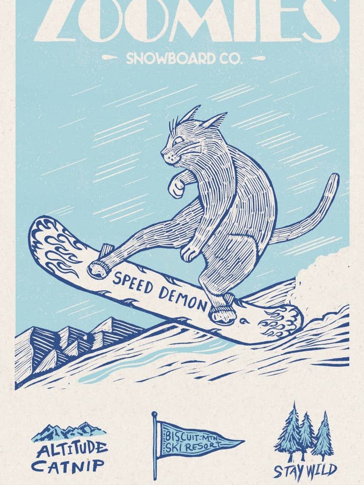 Zoomies Snowboard for wholesale by Jesse Jarldane Art