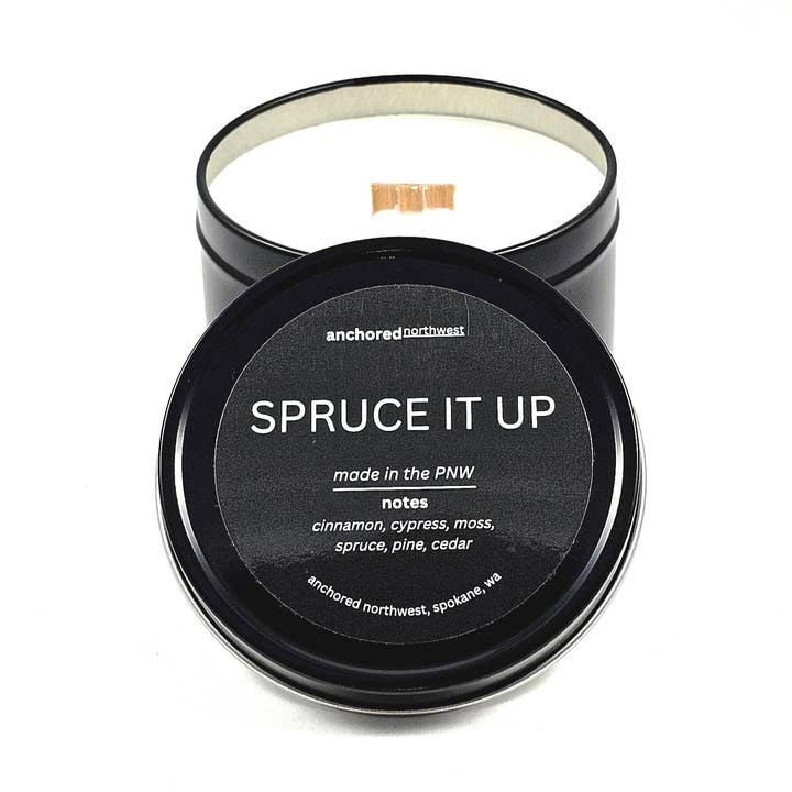 Spruce it Up Travel Size Travel Tin Soy Candle for wholesale by Anchored Northwest