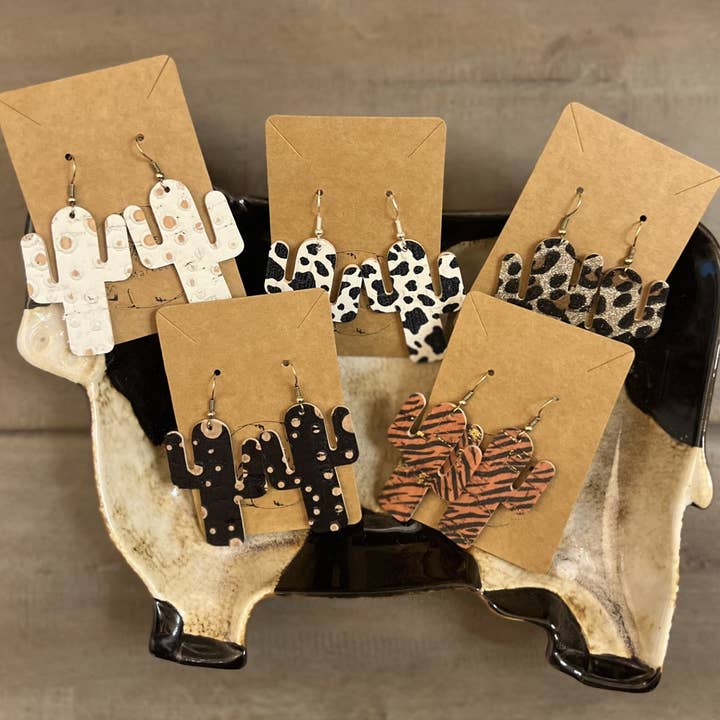 Handmade Genuine Leather Cactus Pattern Earrings for wholesale by Bee Marie Market LLC