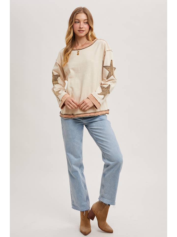 Peace Love Line - Wholesale Sweatshirt - Women's - PL5466 - STAR SLEEVED CONTRAST OVERSIZED WASHED KNIT14