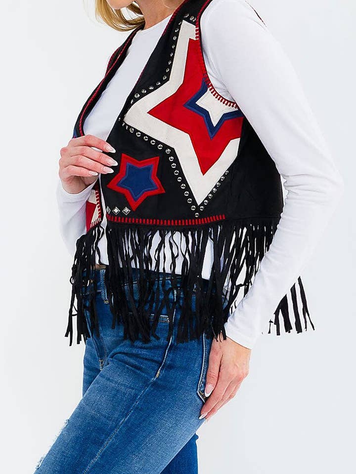 CHALECO ABIERTO DE ANTE CON FLECOS Y BORDADO FRONTAL para venta al por mayor de ROUSSEAU