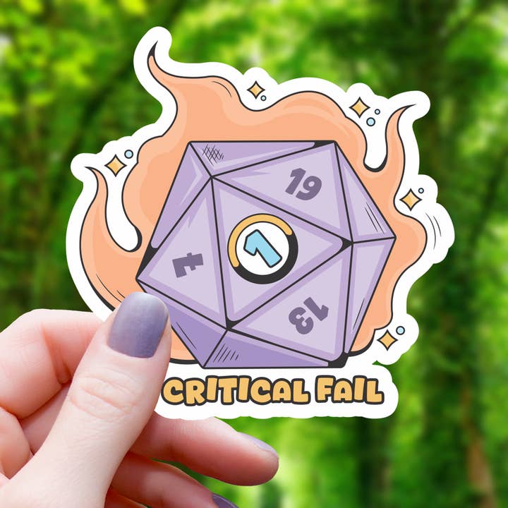 Critical Fail Flaming D20 Sticker - 3- 3" for wholesale by Mimic Gaming Co