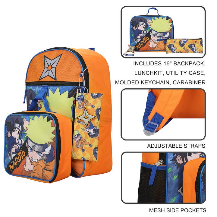 Bioworld Merchandising - Wholesale Backpack - Kids - Naruto Classic Sasuke Vs Naruto 16 Youth 5-Piece Backpack Set1