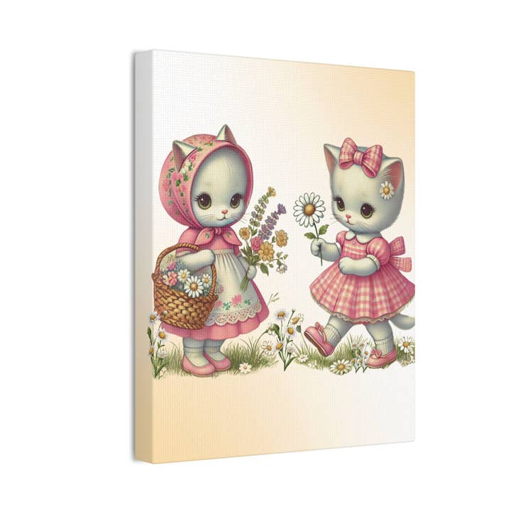 Babushka Cat - Wholesale Art Print - Vintage Cats and Daisies, Kitschy Cat Canvas Wall Art