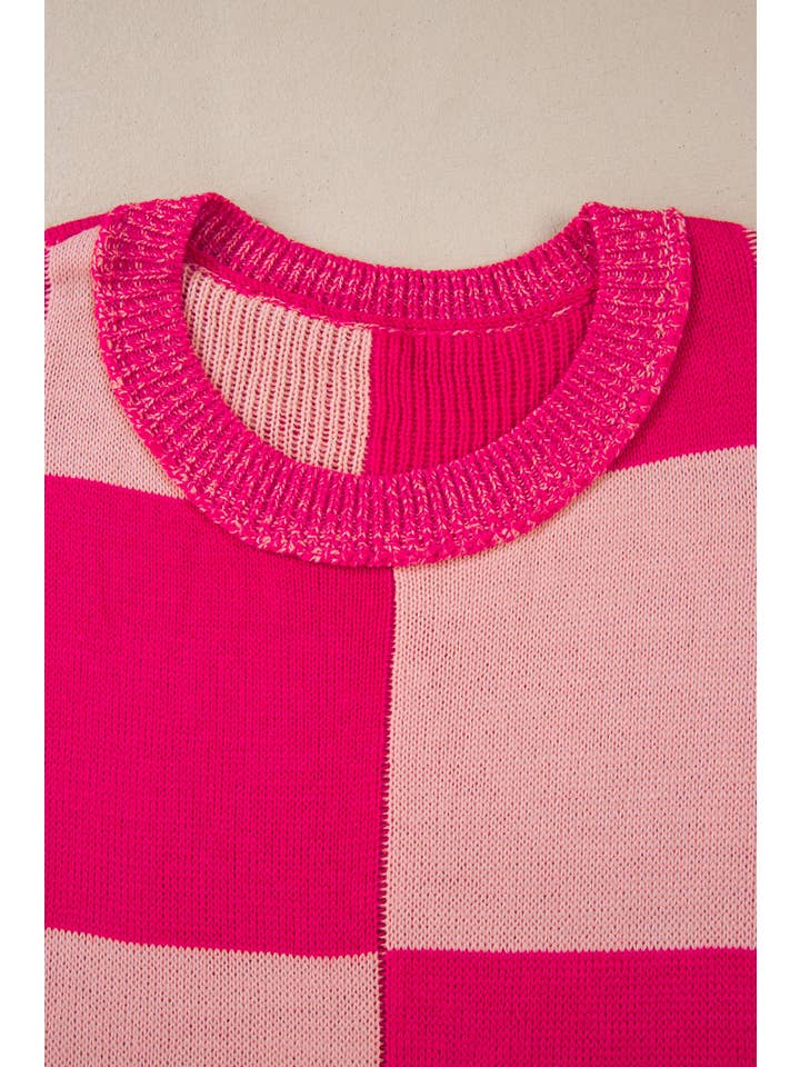 Rose Red Mixed Checkered Pattern Drop Shoulder Loose Sweater for wholesale on Faire