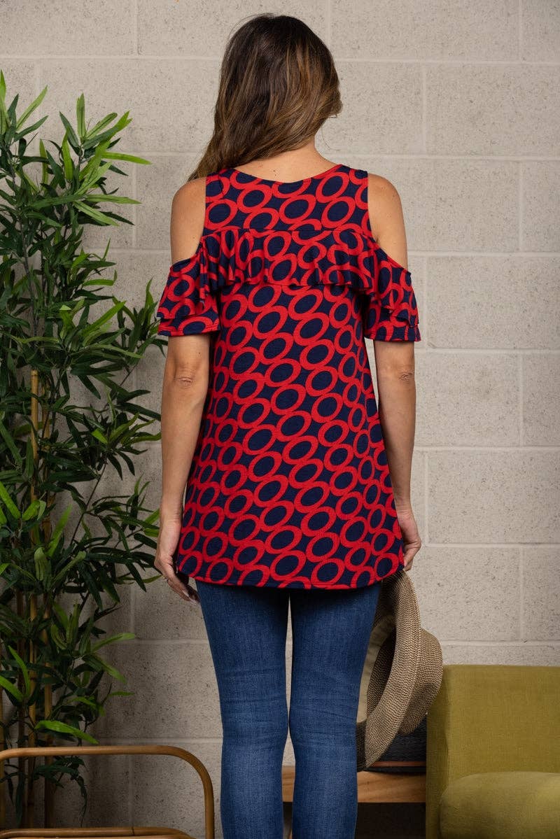 RED NAVY ROUND NECK COLD SHOULDER BLOUSE TOP for wholesale on Faire4