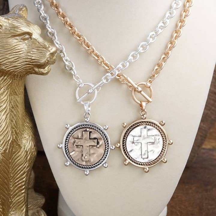 PennyLine inc - Wholesale Pendant/Charm Necklace - Cross Coin Chain Necklace with Front Toggle Closure – Silver or Gold Tone