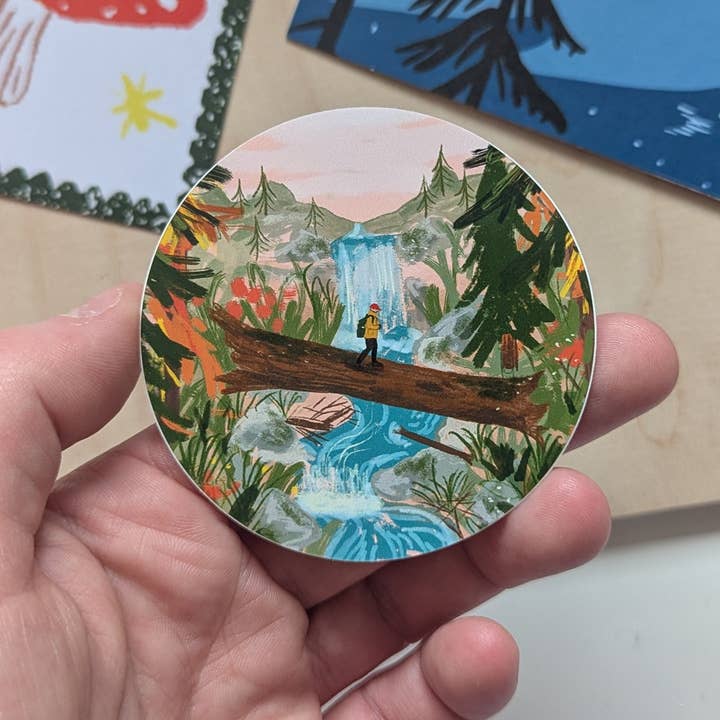Summer Hiking Illustrated Vinyl Sticker for wholesale by Charis Raine Illustration
