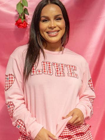 Gingham "Love" on Pink Top for wholesale by GRACE+EMMA by Southern Grace