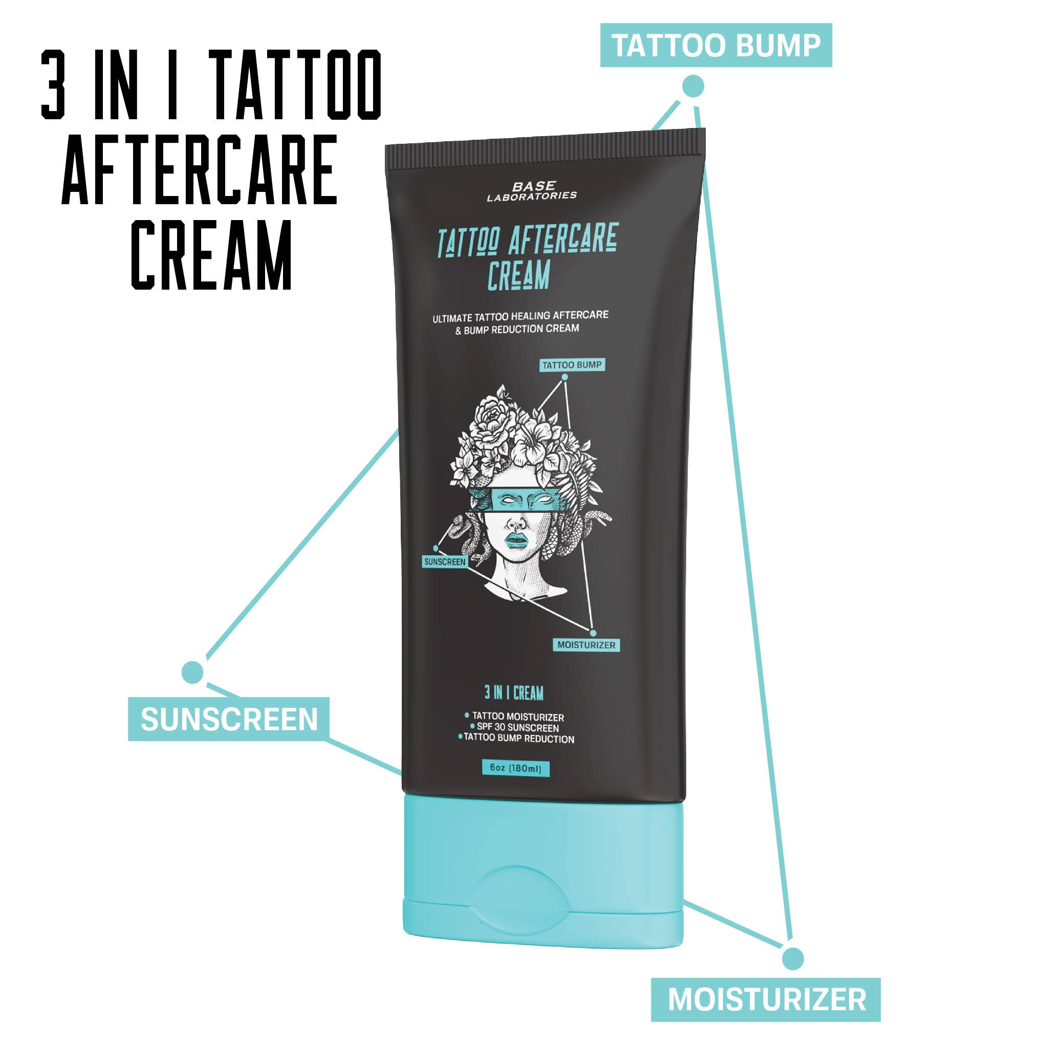 Base Laboratories – wholesale Tattoo ointment/care – Tattoo Aftercare Cream 3-in-1 Moisturizer - SPF 30, 6 oz3