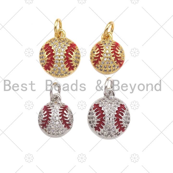 CZ Micro Pave Gold Silver Baseball Charm, Cubic Zirconia Baseball Pendant, Sport Ball Charm, 10x12/11x13mm,Sku#F1353 for wholesale by BestBeads&Beyond