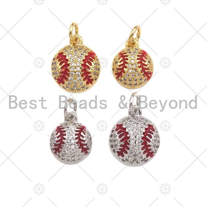 CZ Micro Pave Gold Silver Baseball Charm, Cubic Zirconia Baseball Pendant, Sport Ball Charm, 10x12/11x13mm,Sku#F1353 for wholesale by BestBeads&Beyond