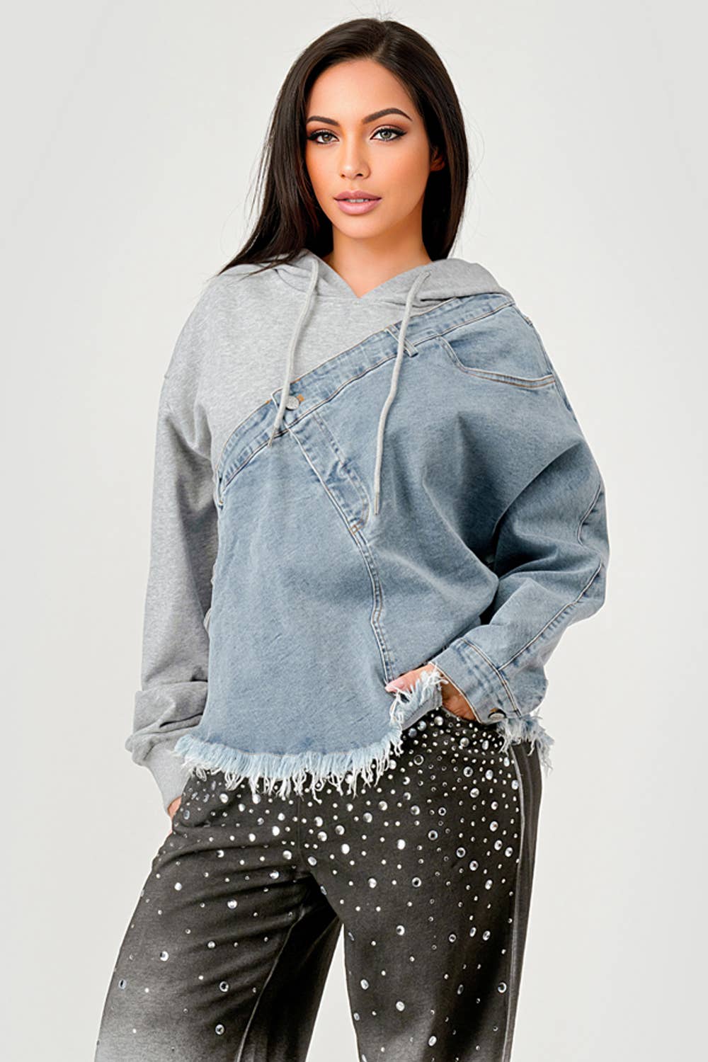 GREY COMBO NT1088A Denim and Hoodie Contrast Top for wholesale on Faire3