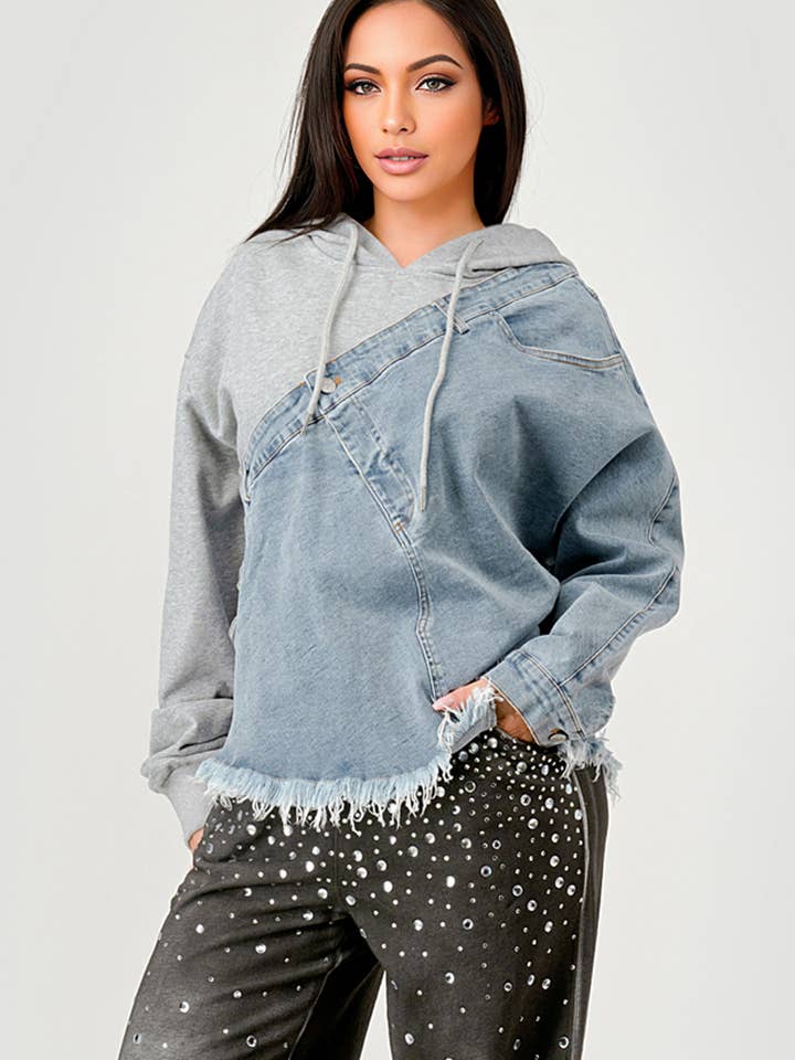 GREY COMBO NT1088A Denim and Hoodie Contrast Top for wholesale on Faire3