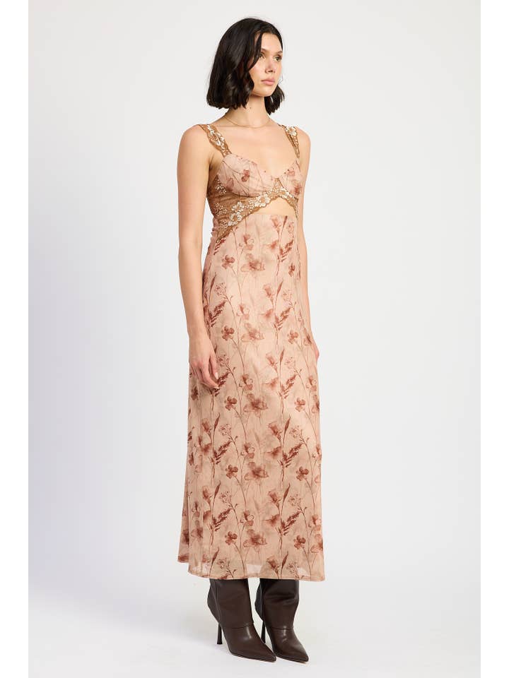 BROWN FLORAL LACE CONTRAST MAXI DRESS for wholesale on Faire