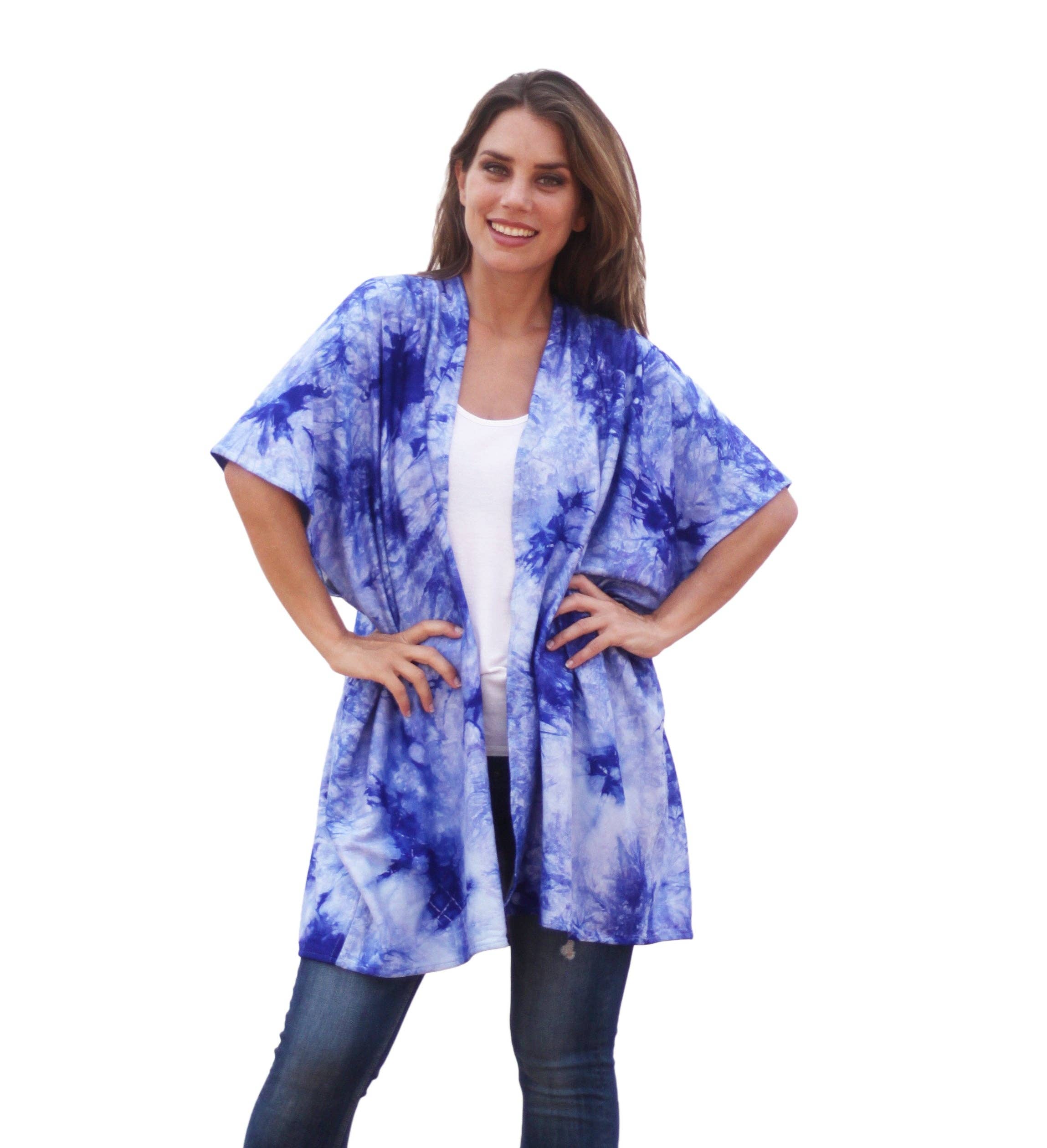 BRANDELIA - Vente Cardigan – femme - Gilet long ouvert pour femme à manches 3/4, motif batik bleu6