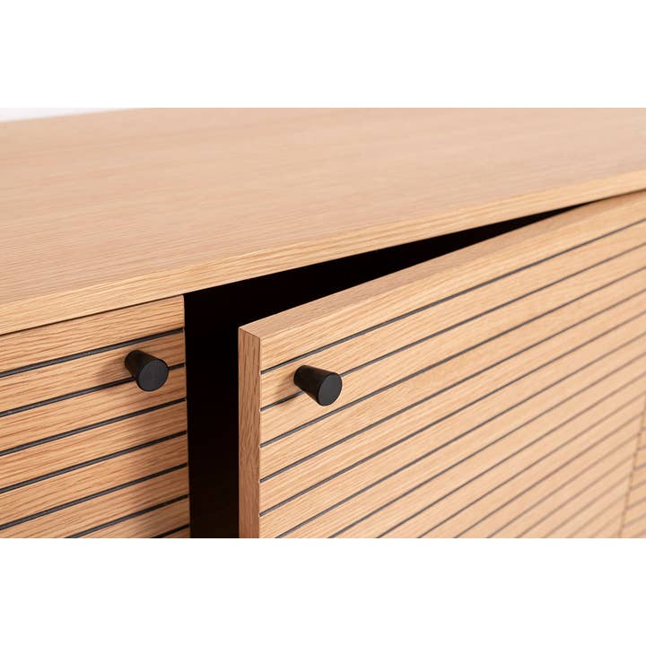 Gdeco - Wholesale Sideboard - Nela Sideboard, Oak Veneer And Black Dm, Black Metal Legs.1