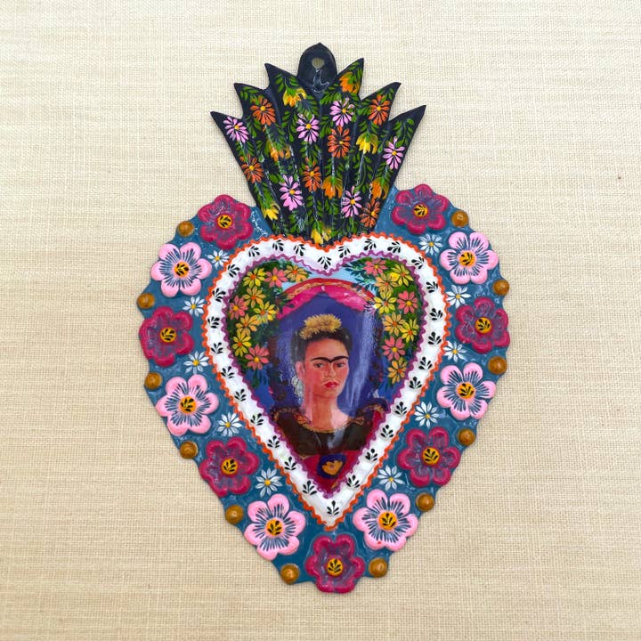 Frida Painted Milagro Heart, Peru for wholesale by Tesoros Trading Company