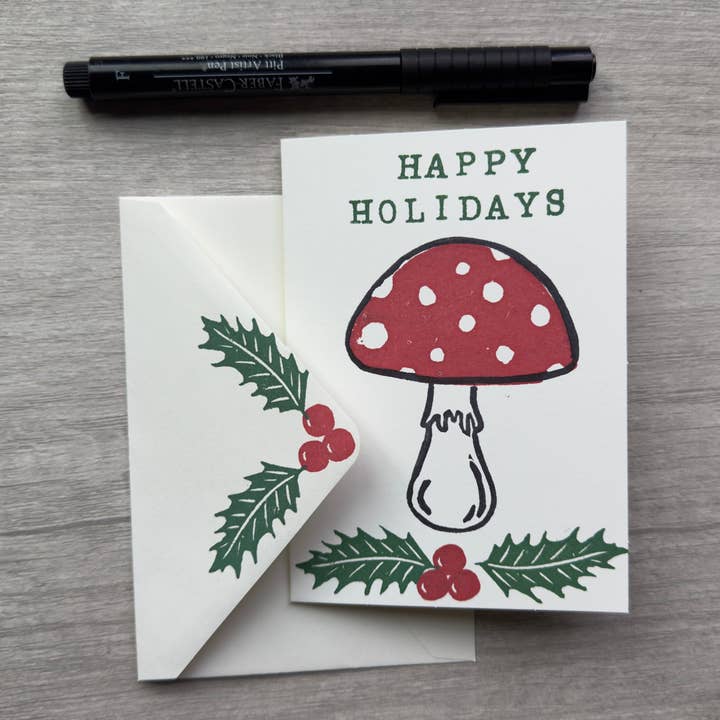 Mushroom holiday greeting card for wholesale by Salmonberry Prints