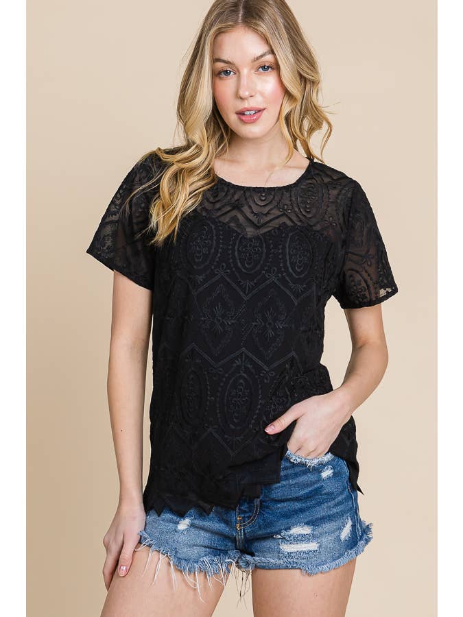 BLACK Round Neck Short Sleeve Zig Zag Edge Lace Top with Lining for wholesale on Faire