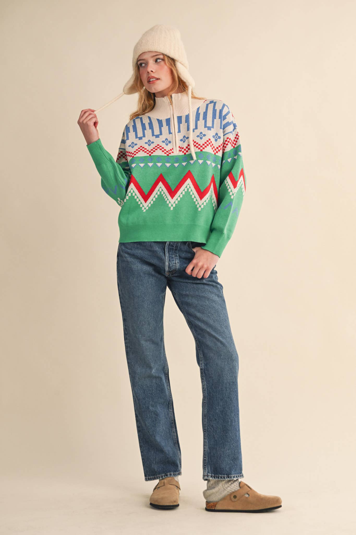 Burgundy Multi GEOMETRIC KNIT MOCK NECK HALF ZIP PULLOVER SWEATER MSW10885 for wholesale on Faire42