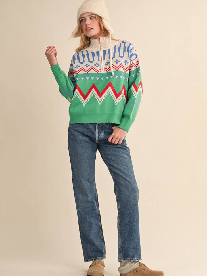 Burgundy Multi GEOMETRIC KNIT MOCK NECK HALF ZIP PULLOVER SWEATER MSW10885 for wholesale on Faire42