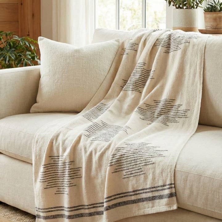 Colección Miska - Manta de Lanzamiento Tejida a Mano 100% Alpaca de Perú - Horizonte de Tinta y Marfil para venta al por mayor de Purple Nest Design