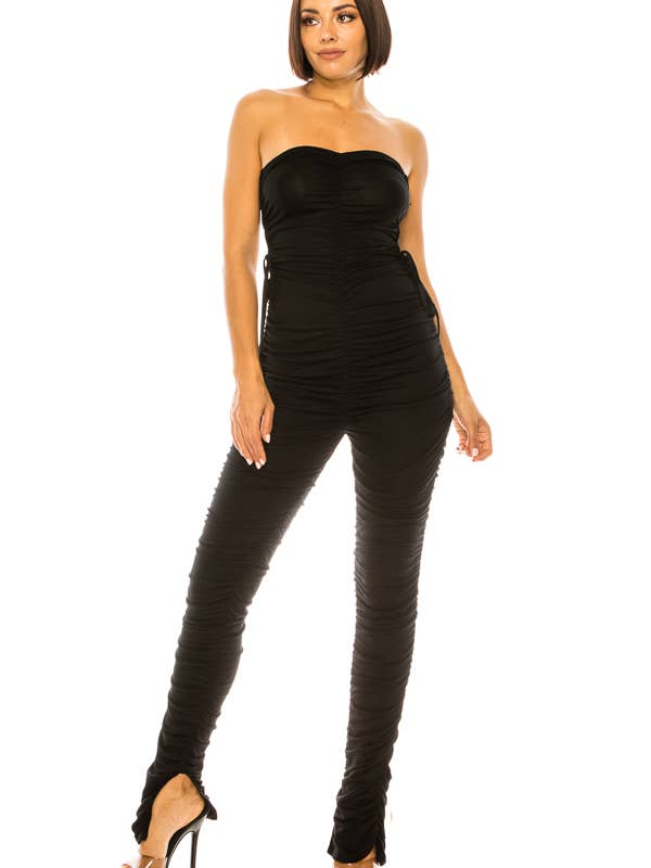 J3330- OFF SHOULDER RUCHED SIDE TIE JUMPSUIT for wholesale by A3 Design USA