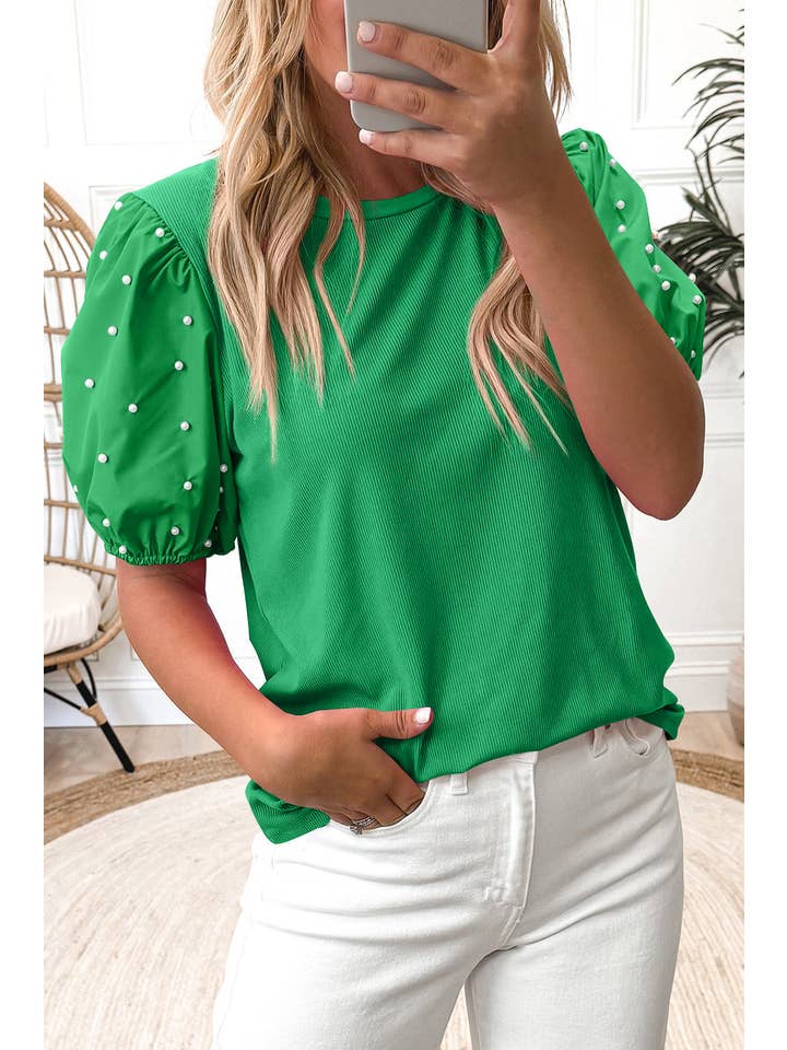 Bright Green Pearl Beaded Puff Sleeve Top for wholesale on Faire