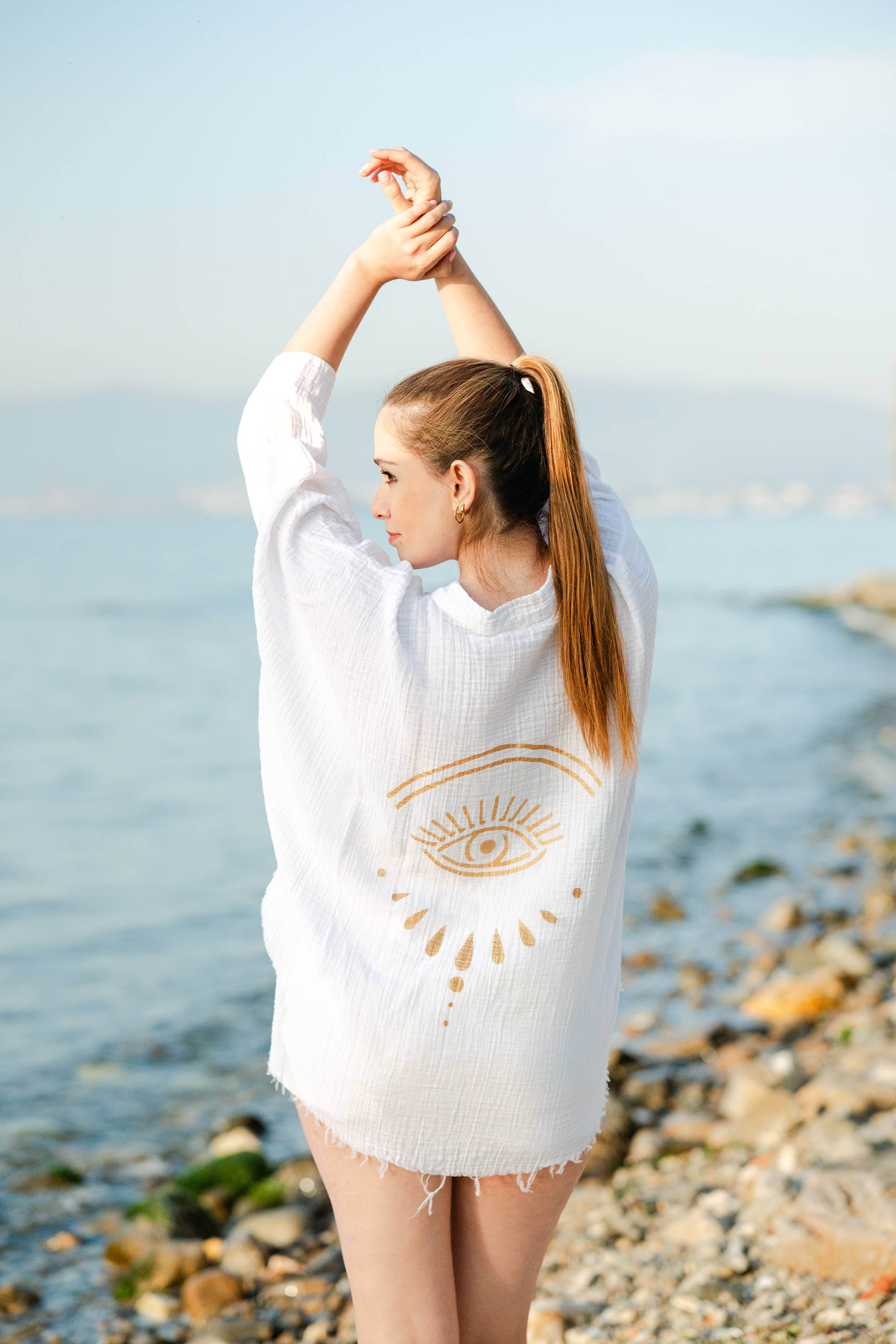 Moa - Wholesale Kimono - Women's - Cream Evil Eye Muslin Kimono Robe / Poncho12