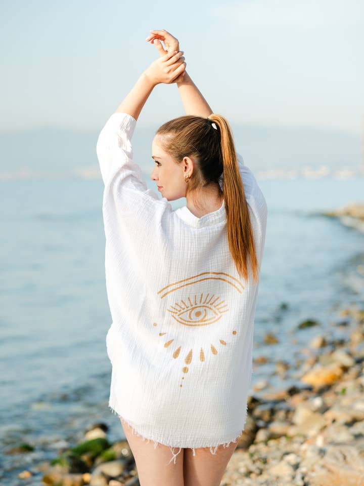 Moa – Großhandel Kimono – Damen – Kimono-Robe/Poncho aus Musselin, cremefarben, Evil Eye11