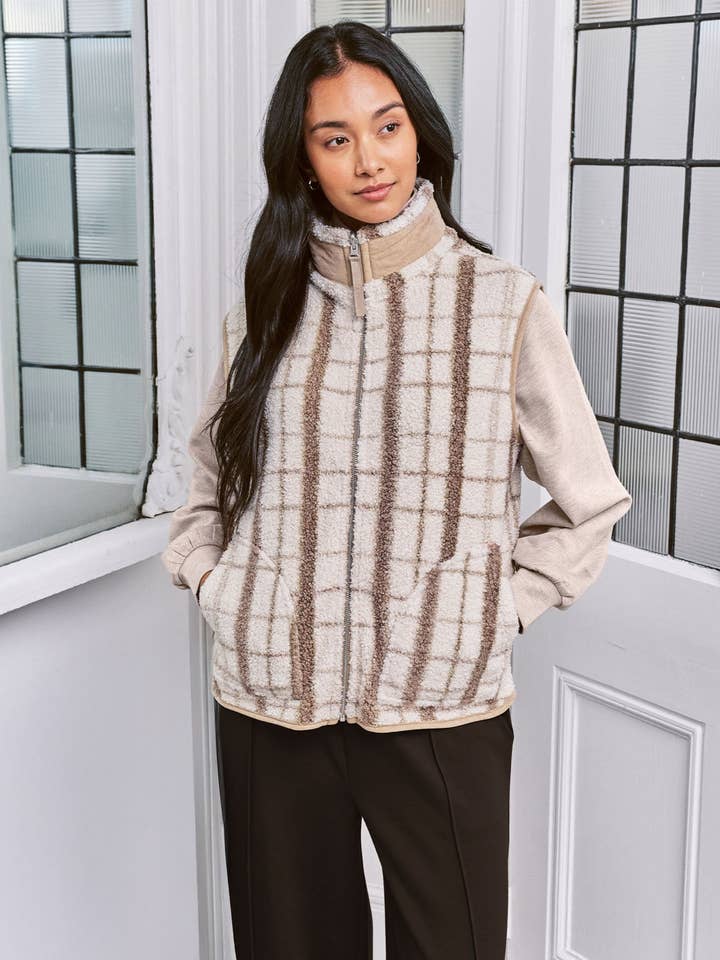 Borg Fleece Camel Plaid Reversible Gilet for wholesale by Chelsea Peers