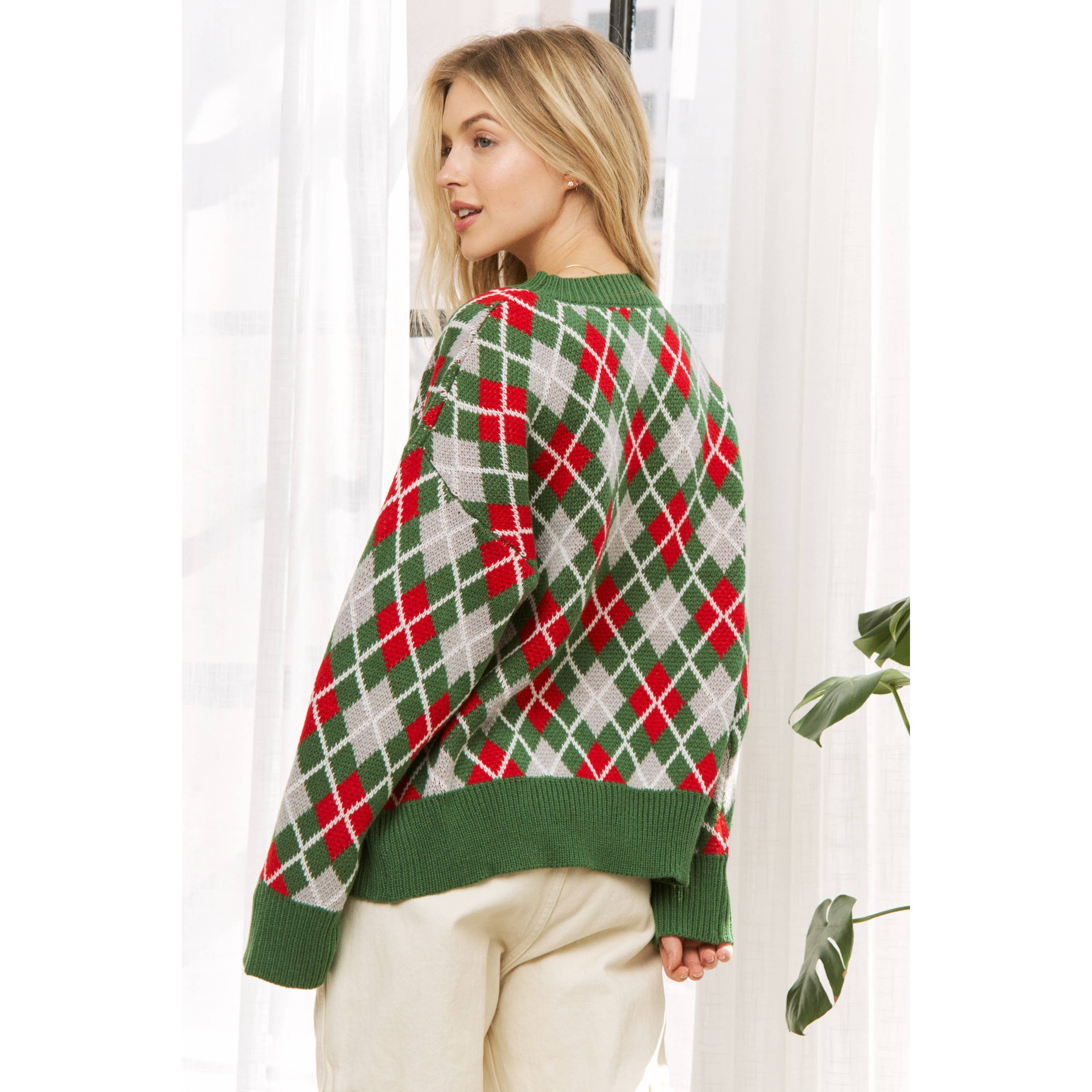 Sweet Generis - Wholesale Knit Sweater - Women's - HOLIDAY ARGYLE PATTERN DROP SHOULDER PULLOVER SWEATER20