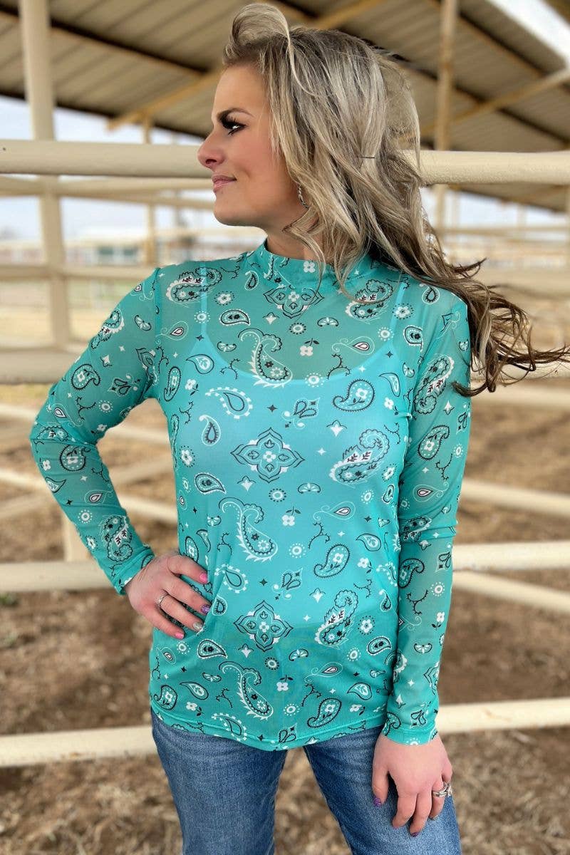 Sterling Kreek - Wholesale Blouse - Women's - Bandana Babe Mesh Top Turquoise4