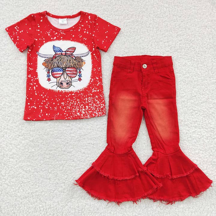 Baby Girls Western 4th Of July Cow Denim Bell Pants Clothes for wholesale by Aier Wholesale