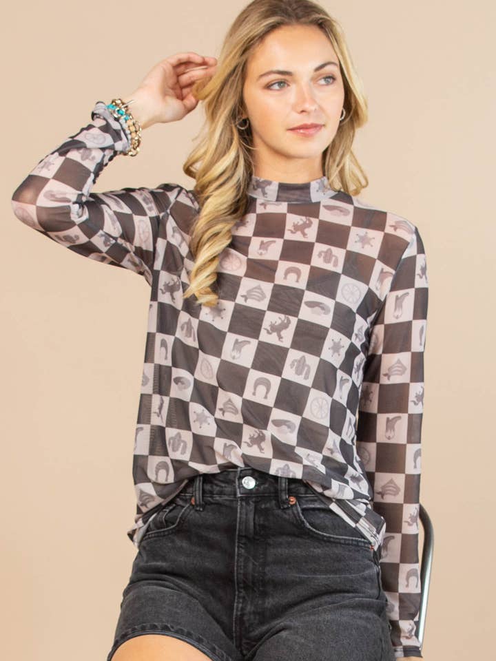 TOP DE MALLA SEMITRANSPARENTE CON ESTAMPADO DE CUADROS AV1230-GABBY para venta al por mayor de Avery