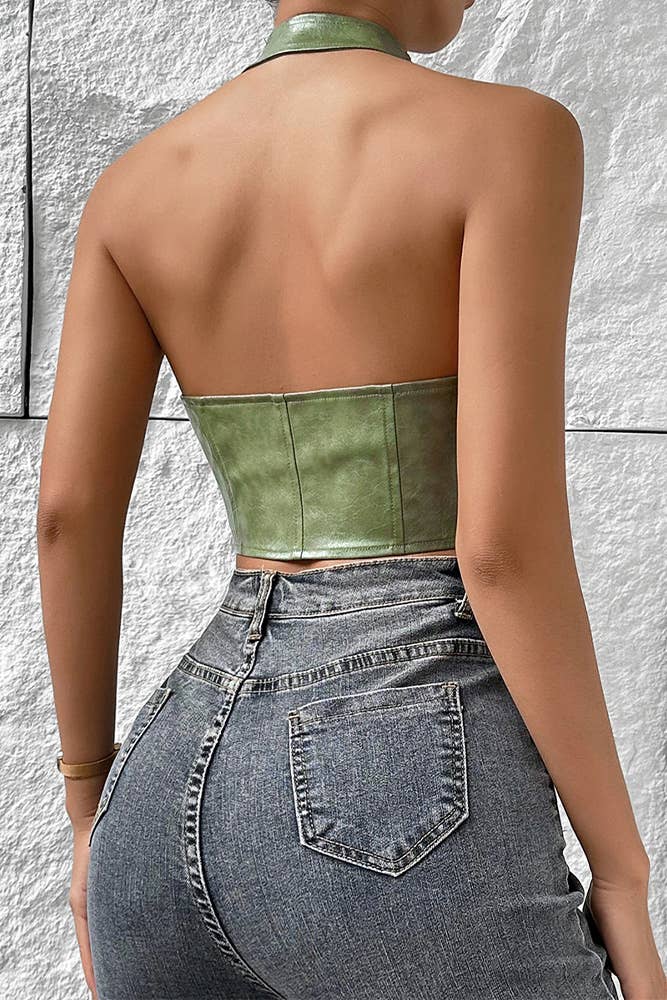 UNISHE - Wholesale Corset - Women's - Low Cut Cardigan Halter Tie PU Leather Corset Top GZCY077