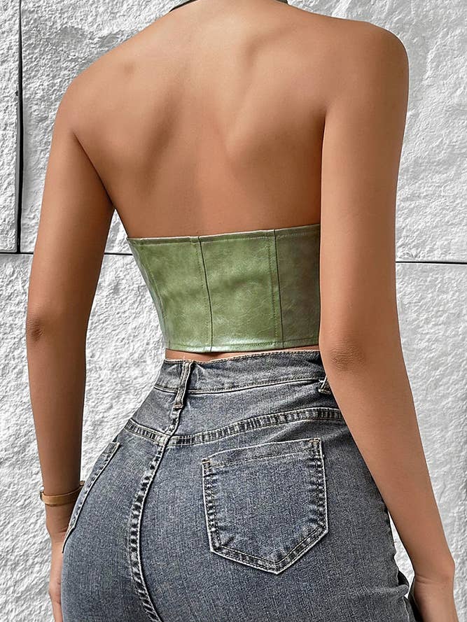 UNISHE - Wholesale Corset - Women's - Low Cut Cardigan Halter Tie PU Leather Corset Top GZCY077