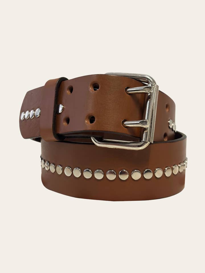 Light Brown Leather Belt with Flat Round Nickel Studs for wholesale by LTHR WRKS