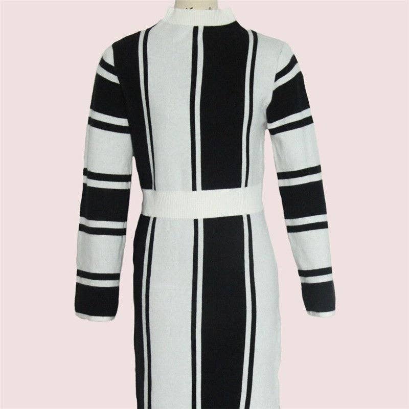 STRISCIA NERA Vestito lungo a maglia con collo tondo e righe a contrasto in vendita all'ingrosso su Faire6