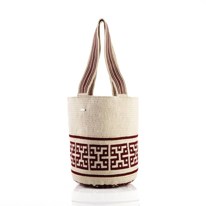 GRANADA G01/Beige/rode wijn Wayuu strandtas voor wholesale door Hilo Sagrado