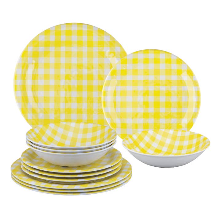 12-Piece Melamine Gingham Yellow Dinnerware Set for wholesale by Supreme Housewares