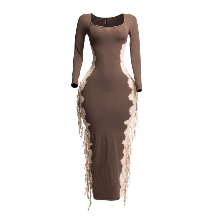Bleached two tone colorway side fringe maxi dress for wholesale by DORCAS