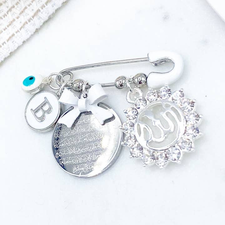 Personalised Silver Mini Diamante Allah & Ayatul Kursi, Evil Eye Baby Clothing Pin for wholesale by Just For Bubba