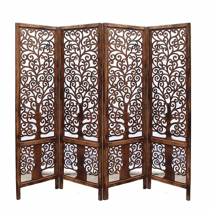 Handgefertigter 4-teiliger Raumteiler / Paravent aus Mangoholz mit Blumenmuster – Faltbarer Paravent, 203×180 cm für den Großhandel von iAnanas