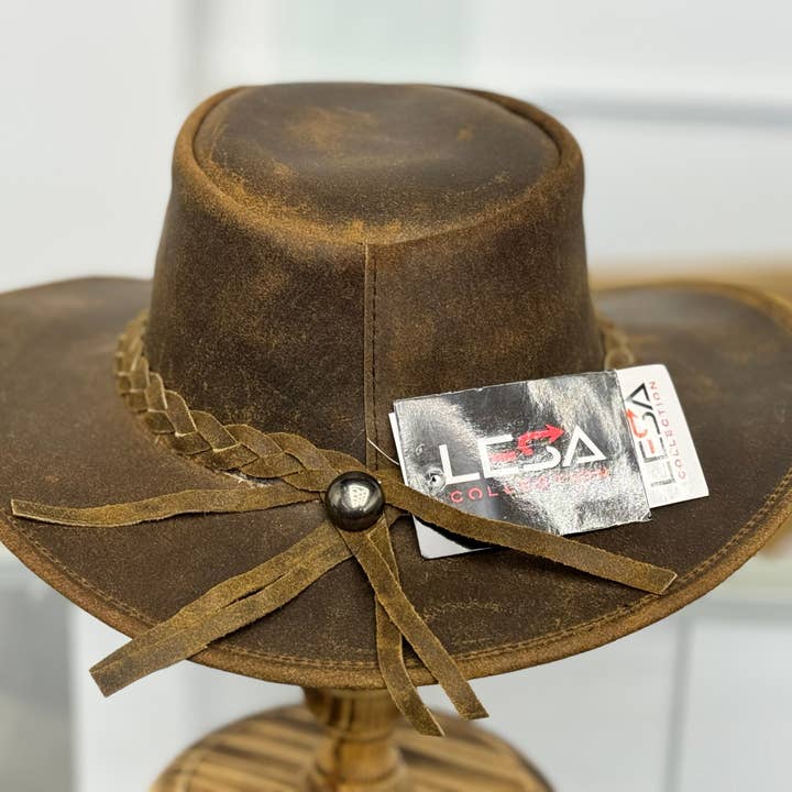 Lesa collection inc - Wholesale Hat Accessory - Men's - Gunner|Leather Western Hat Crazy Horse Leather Hat Tan Brown1