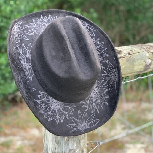 BoHippi Express - Wholesale Cowboy Hat - Women's - Hand Burned Cowboy Hat - Sunflowers - Black