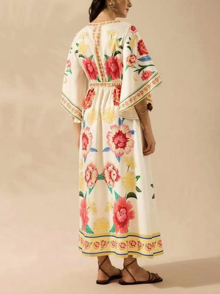 Rosa Clothing - Wholesale Dress - Women's - Exotic Tropical/ Floral Flair V-Neck Bell Sleeve Dress7