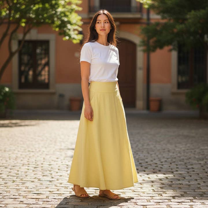 Fiorenza Yellow Linen Skirt With Pockets - Matching Top Available for wholesale by Ida Louise